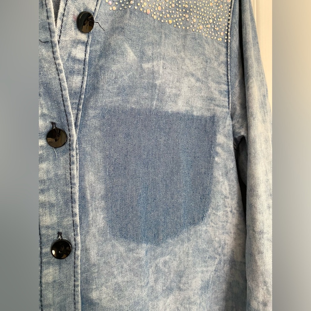 KROIX Cotton Rhinestones Details Raw Hem Hi Lo Denim Button-Up Shirt Dress Sz M - Picture 8 of 17